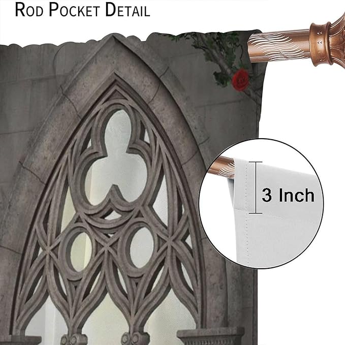 Gothic Mid Century Blackout Curtains, Vintage Castle Skull Candlesticks Red Rose Print Pattern Window Drapes, for Living Room Bedroom 31.5(W)*72(L) 2 Panels