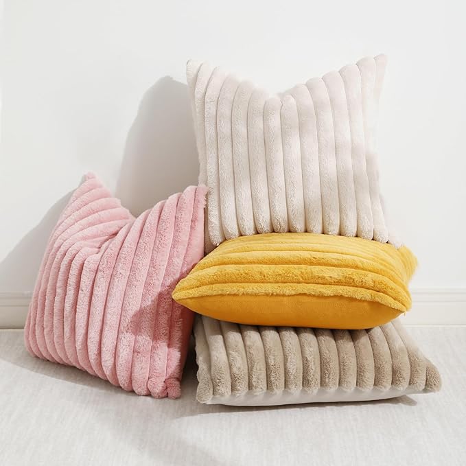 decorUhome Faux Fur Christmas Throw Pillow Covers 20x20 Set of 2, Decorative Soft Plush Striped Neutral Couch Euro Pillow Covers with Velvet Back for Sofa, Bed, Living Room Home Decor, Beige