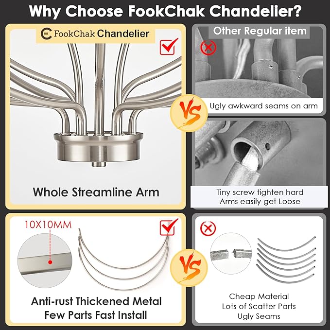 12 Light Brushed Nickel Chandelier, Large Chandeliers for High Ceilings, 36inch Metal Chrome Chandelier Light Fixture Metal Candle Chandelier with Long Chain for Dining Foyer Kitchen Bedroom