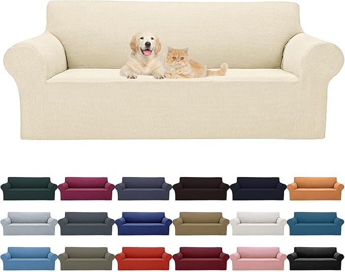 Cupuamon 2025 New Stretch Oversized Sofa Slipcovers Couch Sofa Cover for 4 Seater Furniture Protector Covers with Elastic Bottom Jacquard Fabric Small Checks for Pets, Kids - Beige