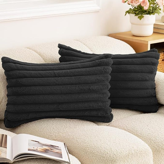 Double-Sided Faux Fur Plush Throw Pillow Covers 12x20 Set of 2 Fuzzy Striped Soft Cozy Pillowcase Luxury Decorative Pillows Rectangle Fluffy Cushion Covers for Couch Sofa Bed,Black