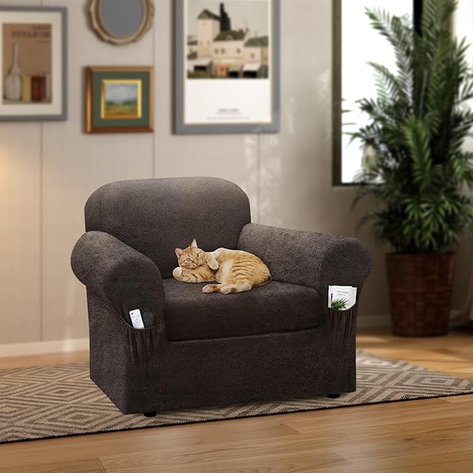 Chair Slipcover with Armrest Pockets 2-Piece Set, Stretch Faux Leather Chair Cover for Armchairs(Fits 31-45") - Non-Slip, Machine Washable, Pet & Kid Friendly - Light Brown