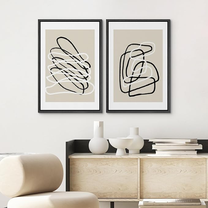 SIGNWIN Framed Wall Art Print Set Black and White Lines Tangled Tan Background Abstract Swirly Cozy Neutral Modern Art Mid-Century Modern Expressive for Living Room, Bedroom, Office - 16"x24"x2 Black
