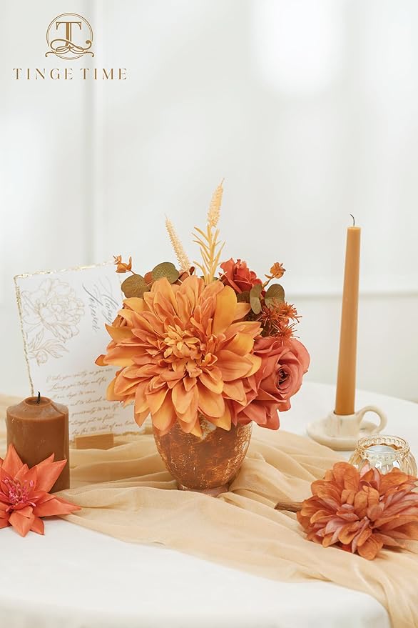 TINGE TIME Artificial Flowers Deep Burnt Orange Flower Combo for DIY Wedding Bouquets Table Centerpieces Arrangements Party Baby Shower Home Fall Decorations