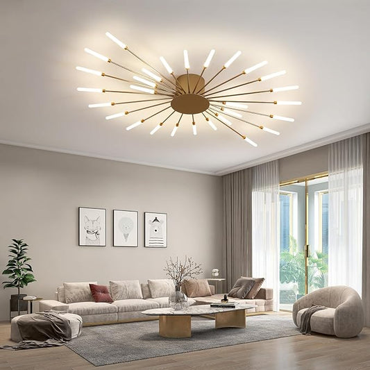JAYMP Ceiling Light Modern Flower Shape Ceiling Lamp for Dining Room Kitchen Hallway Flush Mount Metal Acrylic Sputnik Firework Petal LED Lighting Fixture (Matte Gold, 28 Lights)
