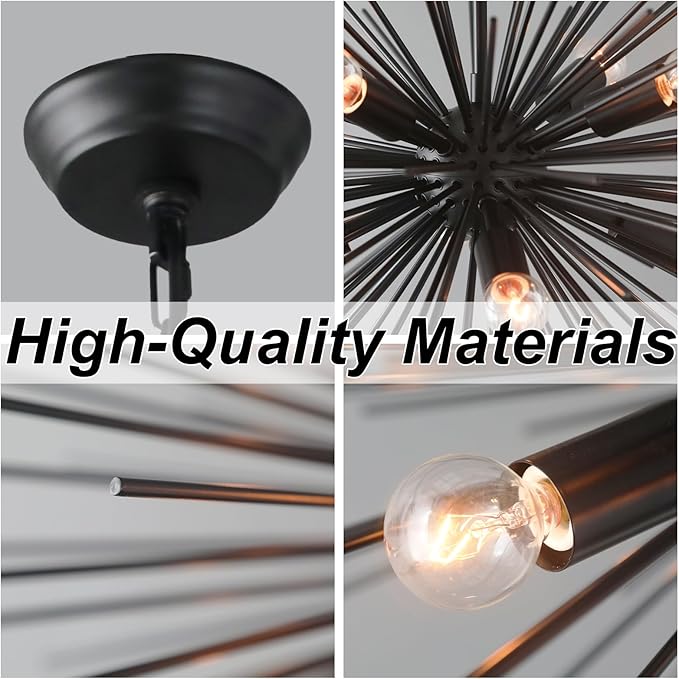 24.21" Black Sputnik Chandelier Vintage Geometric Starburst Chandelier Light Fixture Modern Solid Metal Firework Chandeliers for Dining Room, Kitchen Island, Bedroom, Living Room, E12