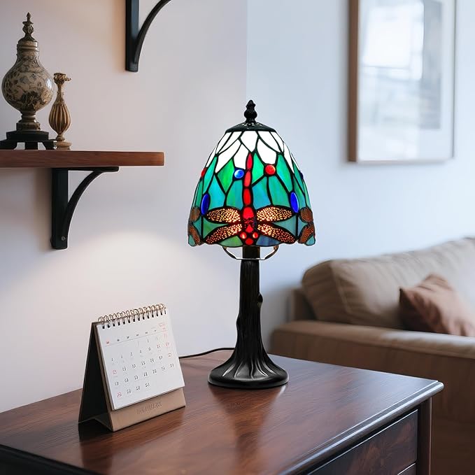 Tiffany Style Table Lamp - Dragonfly Stained Glass Lamps 6 Inch Small Tiffany Lamp Bedside Desk Lamps for Bedroom Living Room Home Office, Desk Reading Light Includes LED Bulb