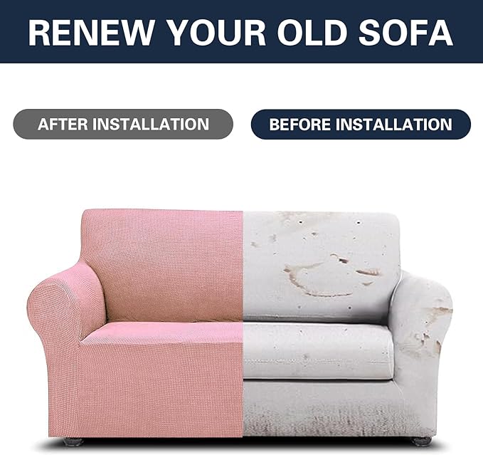 Cupuamon 2025 New Stretch Loveseat Sofa Slipcovers Couch Cover for 2 Cushion Furniture Protector Sofa Covers with Elastic Bottom Jacquard Fabric Small Checks for Pets, Kids - Dusty Pink