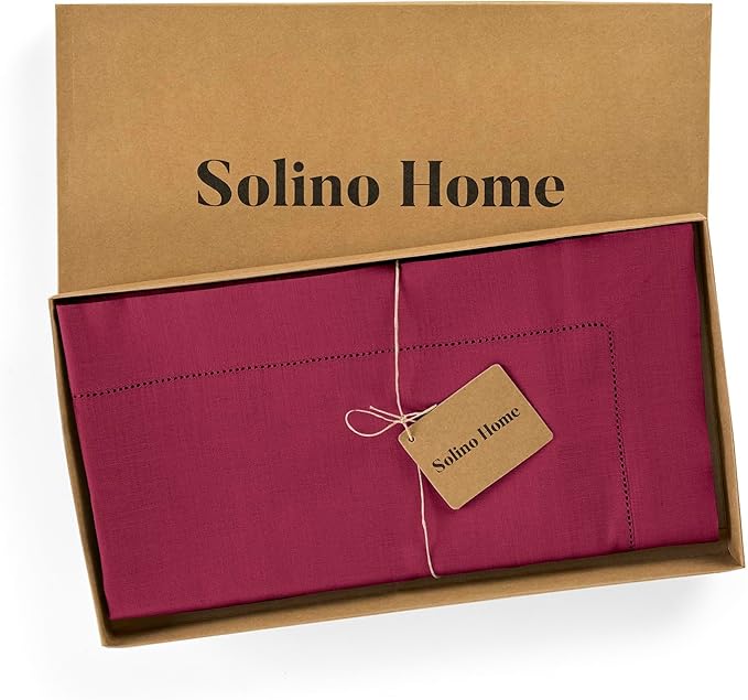 Solino Home Linen Tablecloth 52 x 52 Inch - 100% Pure Linen Beet Square Tablecloth - Classic Hemstitch, Machine Washable Table Throw for Fall, Autumn, Thanksgiving, Holiday, Winter