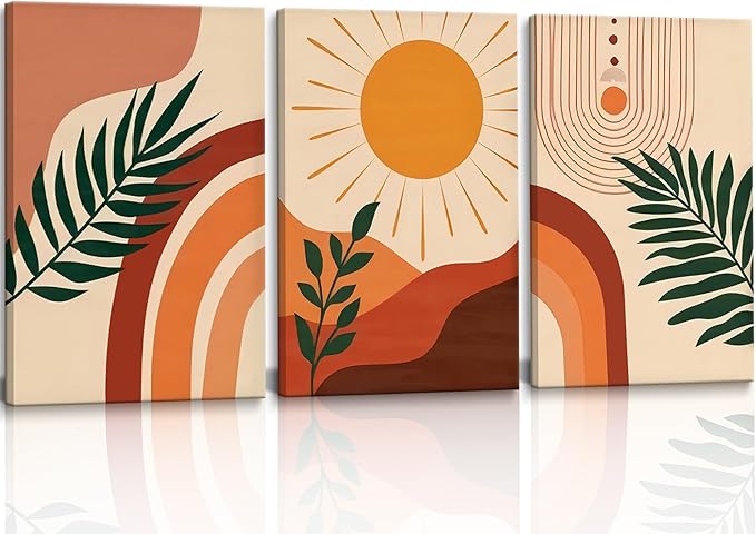 3pcs Framed Boho Wall Art Mid Century Modern Wall Decor Botanical Geometric Abstract Neutral Canvas Sun Mountain Posters Prints Orange Minimalist Artwork Ready To Hang for Living Room Bathroom Bedroom
