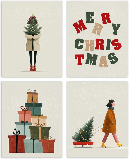 AEHIE Merry Christmas Boho Wall Art Poster Prints for Home Gallery Living Room Bathroom, Minimalist Watercolor Xmas Decor, Xmas Tree Winter Wall Art Unframed 4pcs 8x10inch