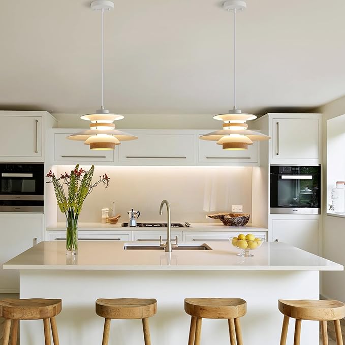 Modern Decor Adjustable Pendant Lamp Kitchen Island, Aluminum and Wood Finish,1-Light E26 Base Ceiling Hanging Light for Dining Room Shop Restaurant (White+Light Wood Grain, 40cm)
