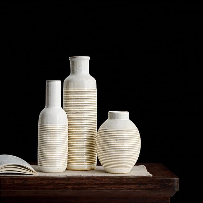 AWNR Small Vases Set of 3 for Flowers ，Rustic Farmhouse Decor，Unique White Ceramic Vase Home Decorations for Modern Home ，Living Room，Entryway Table,Farmhouse