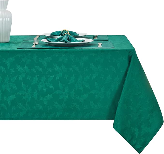 Rectangle Christmas Jacquard Table Cloth Waterproof Elegant Damask Floral Pattern Heavy Weight Wipeable Wrinkle Free Fabric Table Covers for Dinner or Daily Uses(Dark Green/60x120Inch)
