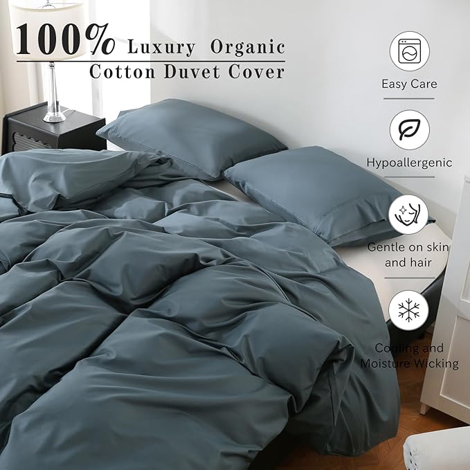 100% Organic Cotton Duvet Cover King 400 Thread Count Sateen Comforter Cover Soft and Breathable Cooling Bedding Set 3 Piece（Lake Blue,King）