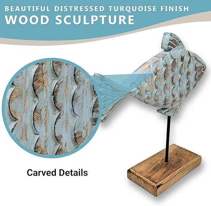 Wooden Fish Sculpture Home Decor | Handmade Surgeon Fish Statue on Stand | Sea Nautical Beach House Decor Art Piece | Rustic Centerpiece Table Decor for Office, Living Room (Surgeon Fish)