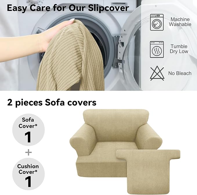 Waterproof Chair Cover with Arms 2-Piece Set Striped Slipcover for 1 Separate T Cushion Couch - TPU Fabric Armchair Covers Leakproof Couch Protector for Kids, Pets(Chair, Camel)