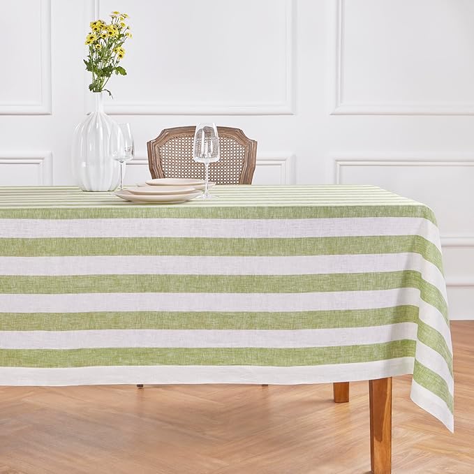 Solino Home Linen Tablecloth 52 x 52 Inch - Cabana Stripe, 100% Pure Linen Green and White Square Tablecloth - Machine Washable Table Throw