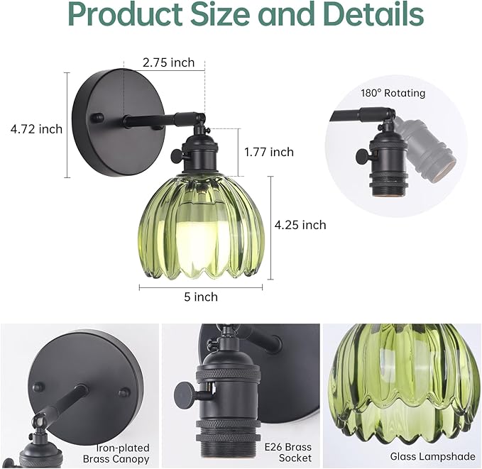 Vintage Battery Operated Wall Sconce with Green Tulip Glass Lampshade Rechargeable Battery Powered Black Wall Light with Remote Control for Bedside Bedroom Doorway, Set of 2