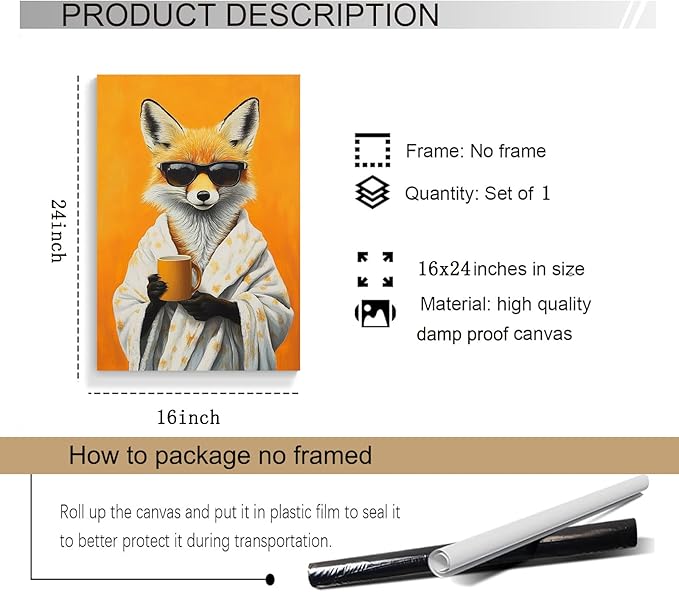 Funny Fox Canvas Wall Art Vintage Fox Bathrobe Posters Prints Animals Drinking Coffee Wall Art Portrait Painting Wildlife Pictures Wall Decor for Living Room 16x24inch Unframed