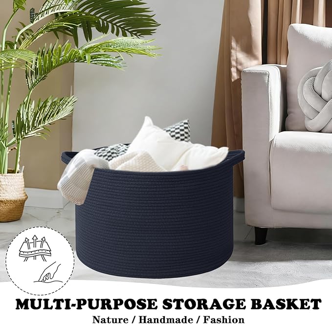 Large Blanket Basket for Organizing,115L Closet Organizers and Storage Bins Box for Shelves Woven Rope Storage Baskets,Living Room,Bedroom,Dorm,Laundry room (Dark Blue)