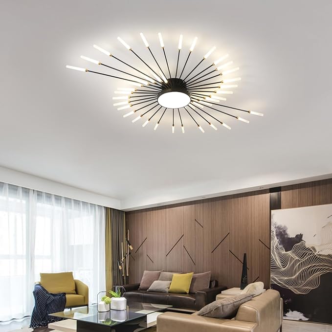 JAYMP Ceiling Light Modern Flower Shape Ceiling Lamp for Living Room Dining Room Flush Mount Metal Acrylic Sputnik Firework Petal LED Lighting Fixture (Matte Black, 42+1 Lights)
