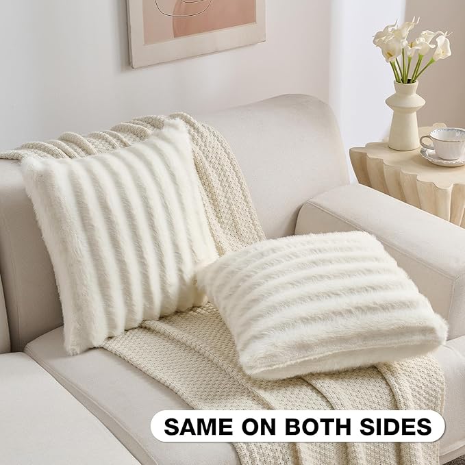FUTEI Cream White Decorative Throw Pillow Covers 24x24 Inch Set of 2,Soft Fluffy Faux Rabbit Fur Dyeing Striped Textured European Cushion Case,Modern Home Decor for Couch Bed Living Room