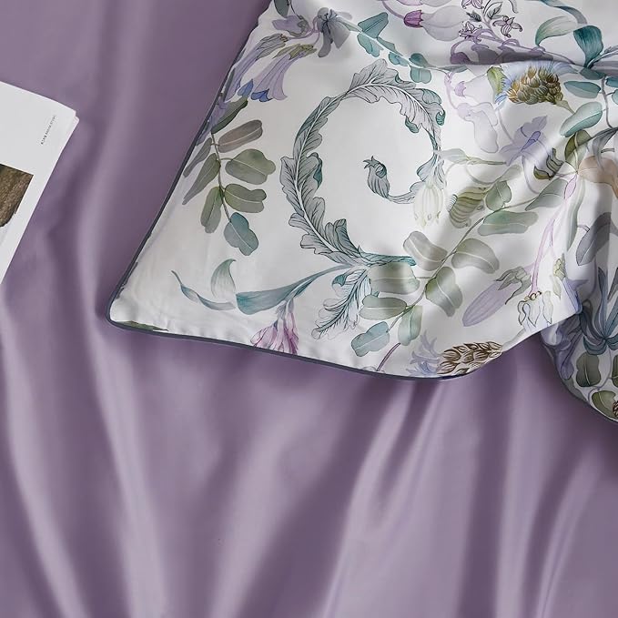 mixinni Garden Style King Duvet Cover Set Purple Large Flower on White Duvet Cover Long Staple Cotton Fresh Floral Leaves Bedding Set with Zipper Ties Perfect for Him and Her-(3pcs, King Size)