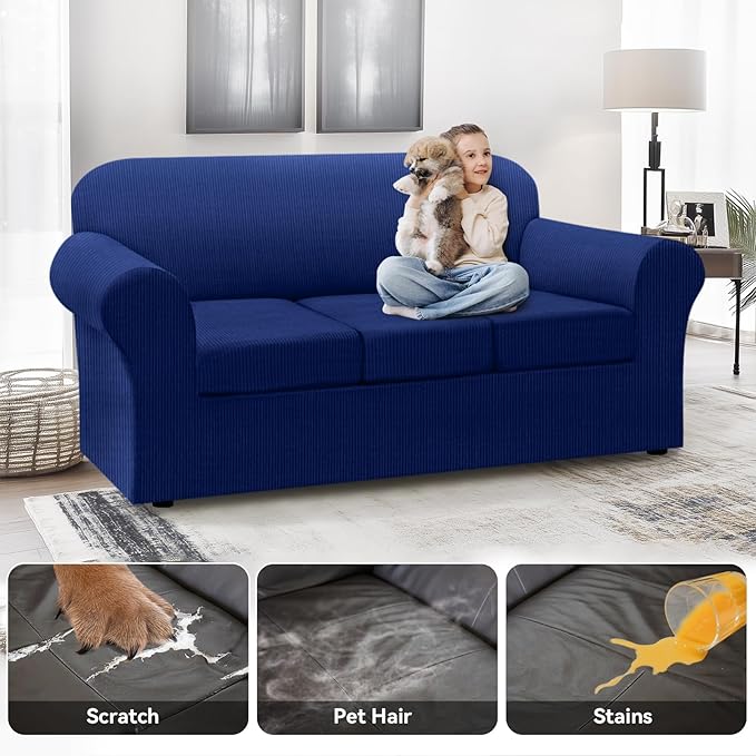 100% WaterproofCouch Cover 4-Piece Set Striped Sofa Slipcovers for 3 Cushion Couch Sofa Covers with TPU Leakproof Bottom Stretch Couch Protector Pet Proof - Sofa(3-Cushion), Navy