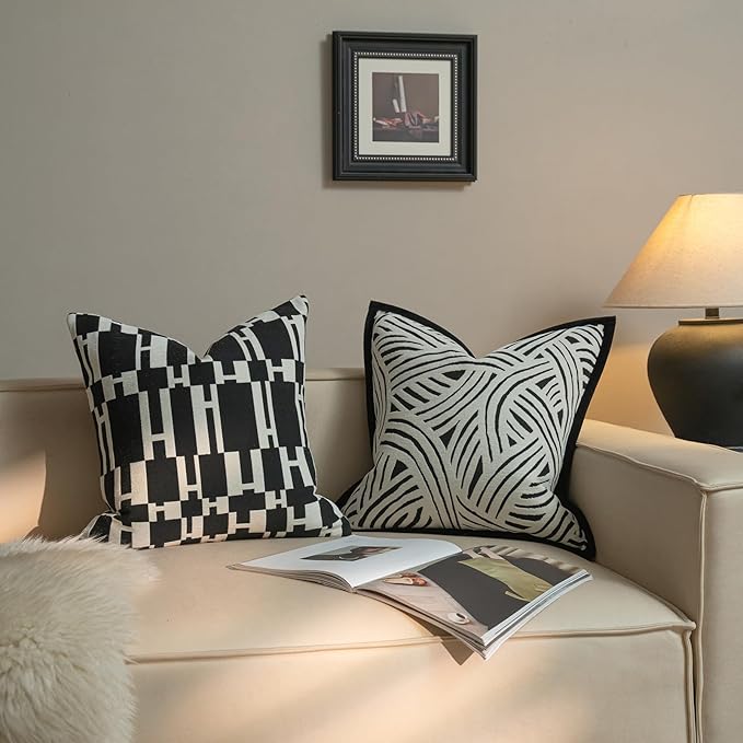 New 18x18'' inches Throw Pillow Cushion Covers - White H Letter Black Color Chenille Jacquard Embroidery Luxury Modern Style Couch Sofa Bed Pillow Cover for Living Room Bedroom