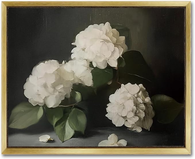 AIMAILON Vintage Gold Canvas Wall Art Framed Decor Classical Botanical Aesthetic Picture Blooming White Hydrangea Flowers Artwork Retro Light Boho Print Desktop Decoration 8x10