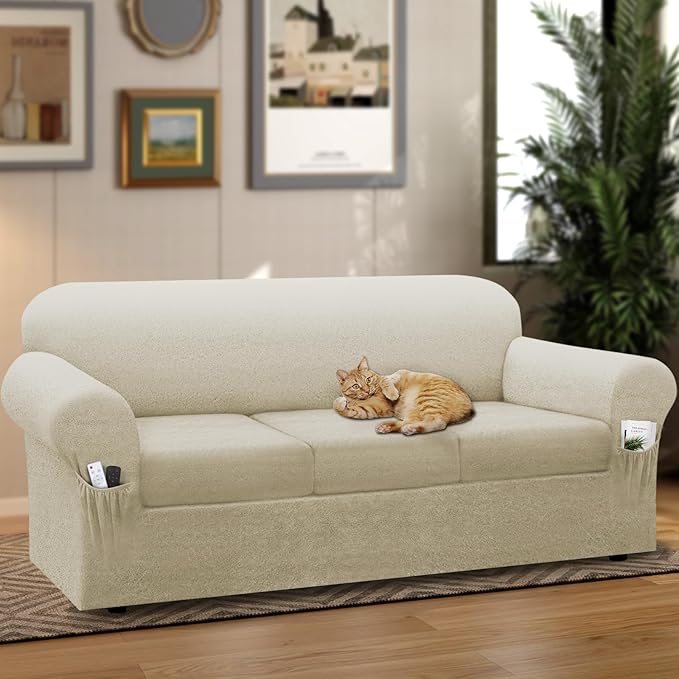 Sofa Slipcover with Armrest Pockets 4-Piece Set, Stretch Faux Leather Extra Large Couch Covers for 3-Cushion Couches(Fits 98-112") - Machine Washable, Pet & Kid Friendly - Beige
