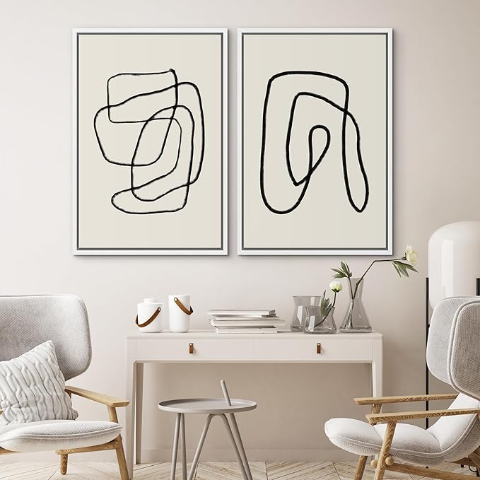SIGNWIN Framed Wall Art Print Set Black Lines Over Tan Plain Background Abstract Swirly Cozy Neutral Modern Art Mid-Century Modern Expressive for Living Room, Bedroom, Office - 16"x24"x2 White