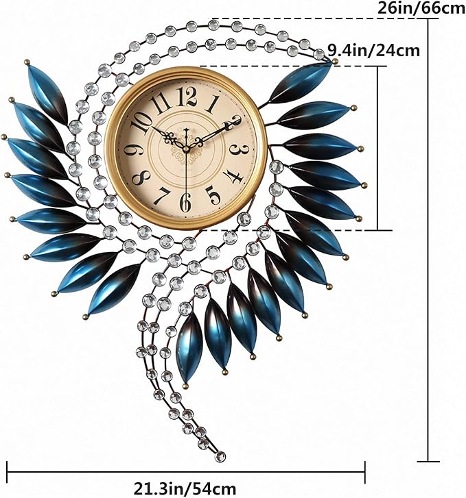 Crystal Metal Wall Clock Silent Non Ticking - 26"×21" Quality Quartz Battery Operated, Decorative for Kitchen, Living Room, Bedroom, Bathroom, Bedroom, Office