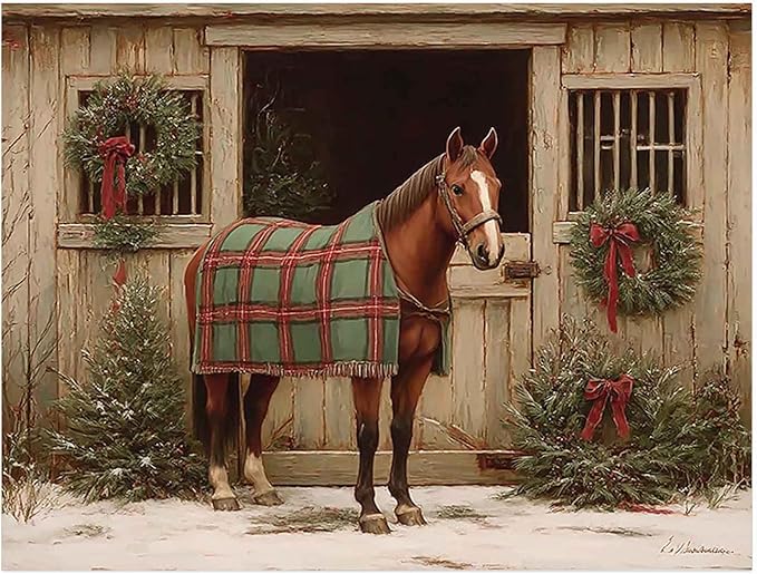 Rustic Christmas Horse Wall Art Prints,Country Holiday Farmhouse Decor,Winter Horse Print