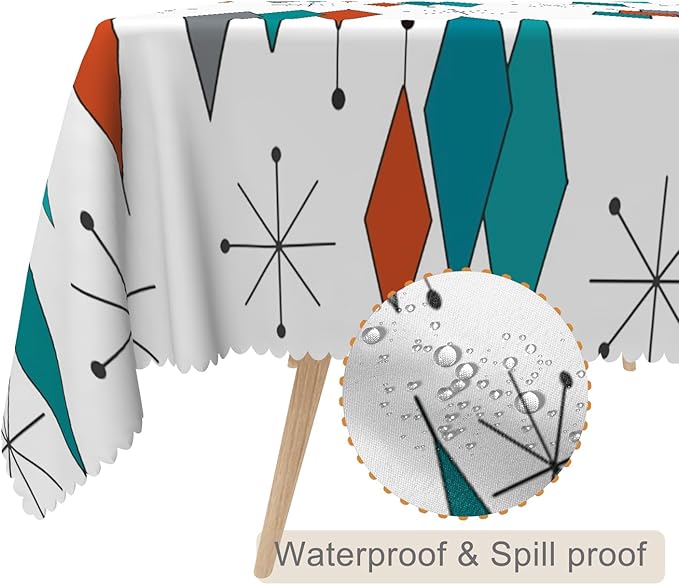 70x90inches Mid Century Rectangle Tablecloth Modern Geometric Teal Diamond Table Cloth Spill Proof and Washable Polyester Fabric Table Cover for Dining Room Kitchen Patio Home Decorations