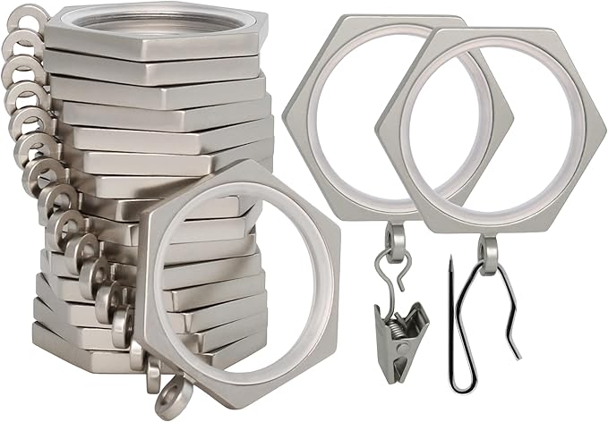 BlastHome® Luxury Curtain Rings - Premium Metal with Quiet, Smooth Nylon Inserts - Pinhooks and Clips Included - 1 1/2" Inside Diameter - 18 Pack for Two Curtain - Brushed Nickel