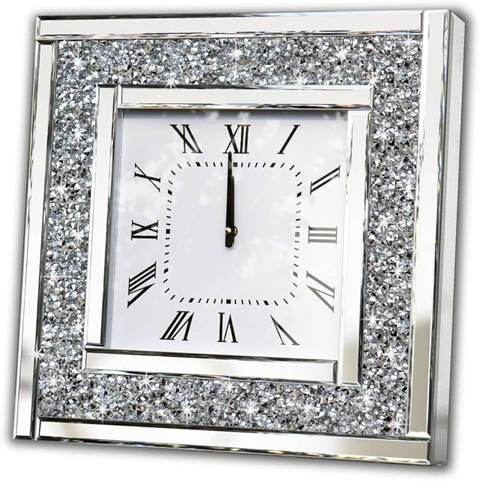 DMDFIRST Silver Square Mirror Clock 20x20inches Crystal Sparkle Twinkle Bling Crushed Diamond Mirrored Large Wall Clock for Wall Decoration Silver Glass Mirror Home Décor. AA Battery is not Included.