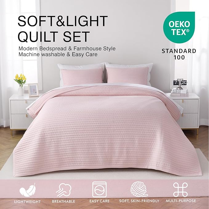 King Quilt Set – 104"x90" Soft Washed 3-Layer Lightweight Bedspread with Multi-Lock Quilting, Minimalist Nordic Bedding, All-Season Quilt Set for Spring & Summer (1 Quilt + 2 Pillow Shams), Pink
