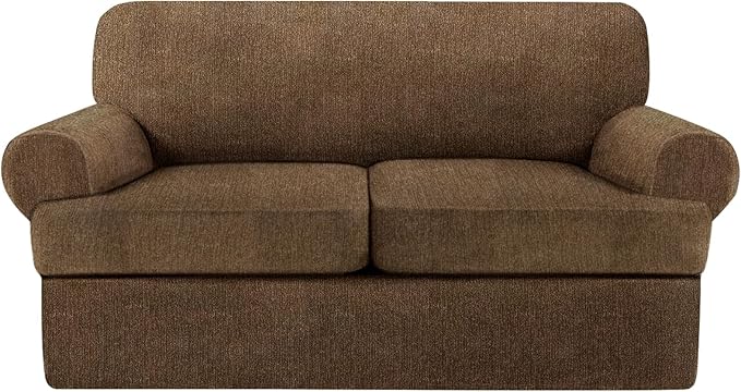 T Cushion Loveseat Slipcover 3 Pieces Sofa Covers for T Cushion Sofa Stretch Slip Covers for 2 Cushion Couch with 2 Individual T Shape Seat Covers (Chocolate, 2 Cushion)