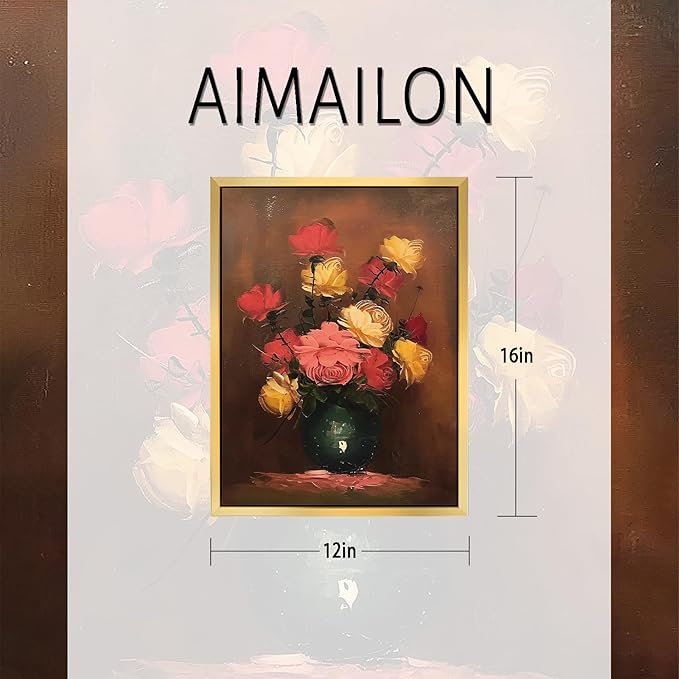 AIMAILON Vintage Gold Canvas Flower Wall Art, Aethestic Still of Life Wall Picture Decor, Artwrok for Walls Living Room Home Room Bedroom Decorations 12x16