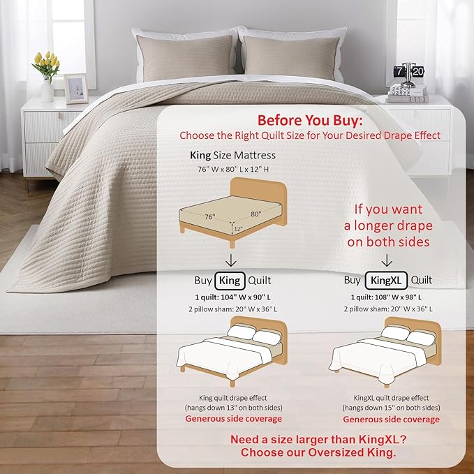 King Quilt Set – 104"x90" Soft Washed 3-Layer Lightweight Bedspread with Multi-Lock Quilting, Minimalist Nordic Bedding, All-Season Quilt Set for Spring & Summer (1 Quilt + 2 Pillow Shams),Oatmeal