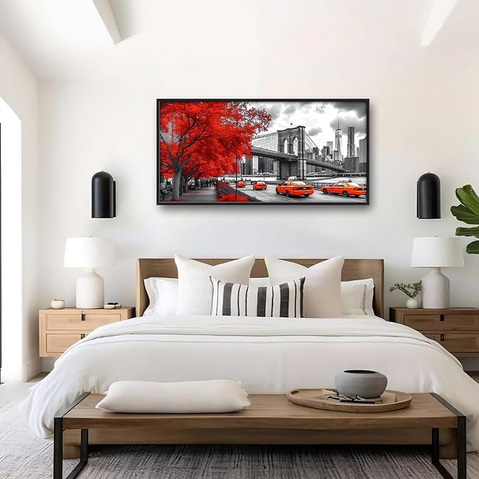 Brooklyn Bridge Large Wall Art Black and White Framed Red Wall Decor for Living Room New York City Pictures Oversized Canvas Print Painting Modern Extra Large Artwork for Bedroom Office 60"x30"