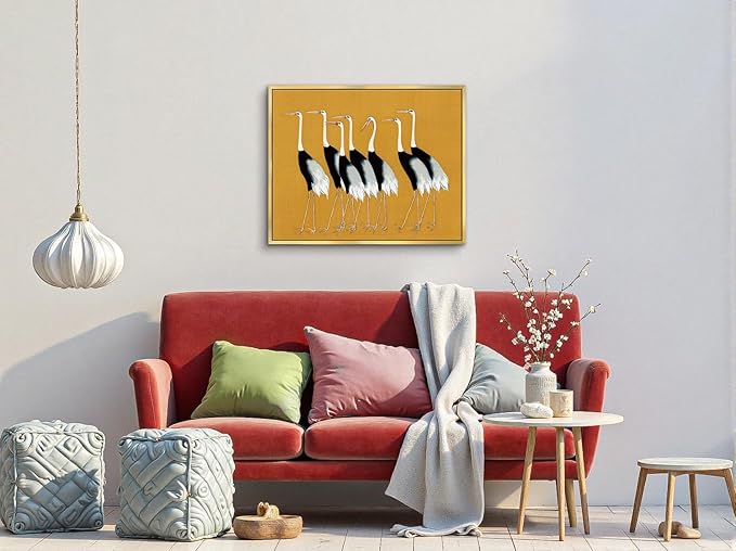 AIMAILON Vintage Gold Canvas Wall Art Framed Decor Animal Theme Artwork Elegance Groups of Red Crowned Crane Print Retro Picture Home Decoration for Study Room Bedroom Office 16x20