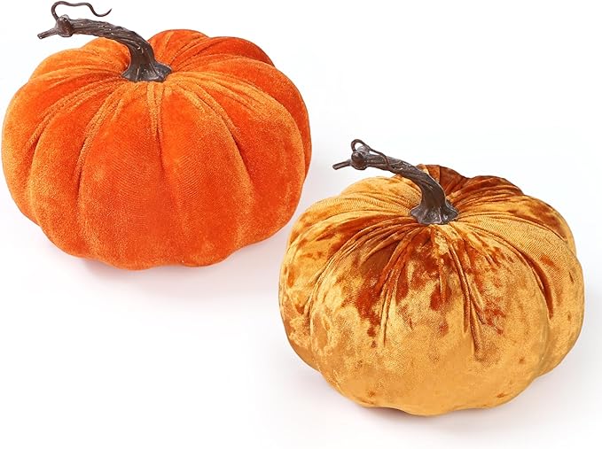 2pcs Velvet Fake Pumpkins Fall Harvest Fabric Foam Pumpkin Thanksgiving Halloween Decor for Table Centerpiece Wedding Farmhouse (2, Orange Gold, L)