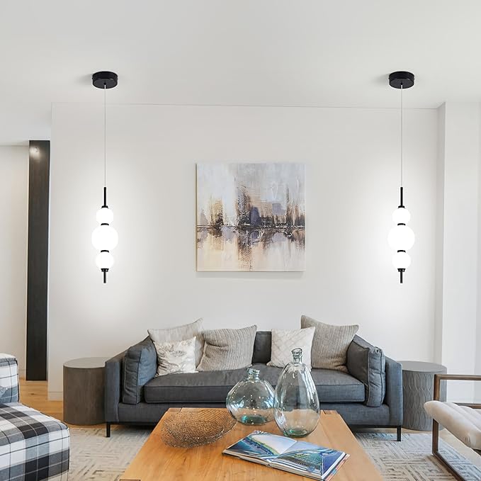 Modern Pendant Lights, Globe Pendant Lights with white Glass,Dimmable Black Pendant Light Fixtures,Adjustable Indoor Hanging Light Fixture for Kitchen Island, Dining Room,bedroom,15W,3000K-6000K
