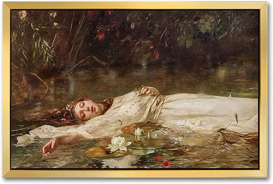 AIMAILON Vintage Gold Canvas Wall Art Framed Decor for Study Room Bedroom Classical Relaxing Young Lady Picture Victorian Summer Pond Lotus Background Artwork Desktop Home Decoration 12x18