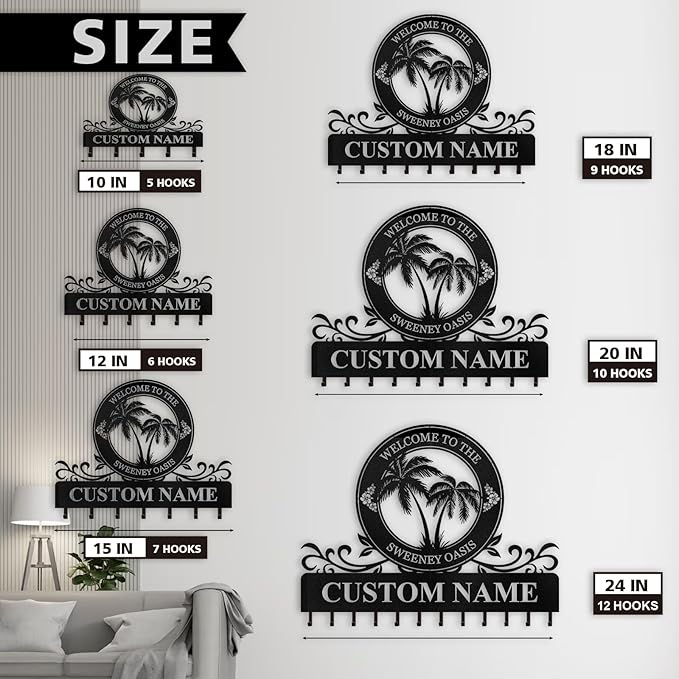 Personalized Key Holder for Wall - Beach Theme Coat Rack Wall Mount with Palm Tree Design, Metal Key Organizer with Hooks, Key Hanger Wall Decor for Front Door Kitchen Bathroom, Housewarming Gifts