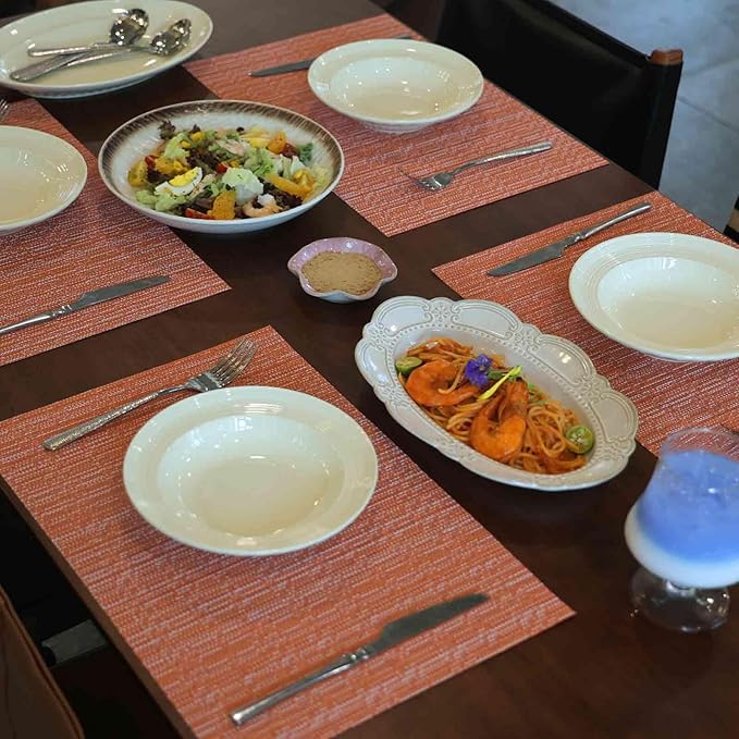 AHHFSMEI Placemats for Dining Table Set of 4 Woven Vinyl Plastic Place Mats Non-Slip Heat Insulation Stain Resistant Table Mats Washable Easy Clean Placemats (Multi Orange,4)