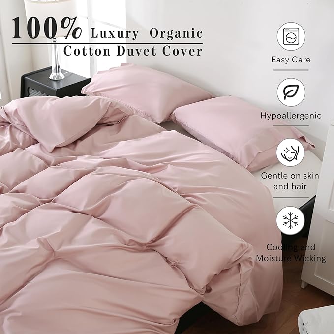 100% Organic Cotton Oversized King Duvet Cover 400 Thread Count Percale 120x98 Inches Sateen Comforter Cover Soft and Breathable Bedding Set 3 Piece（Light Pink,Oversized King）